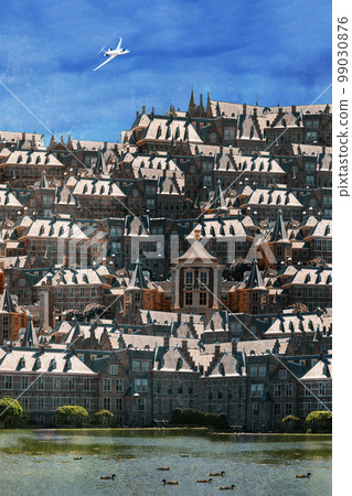 Collage with city buildings against a background of blue sky and a flying airplane Collage with city buildings against a background of blue sky and a flying airplane 99030876