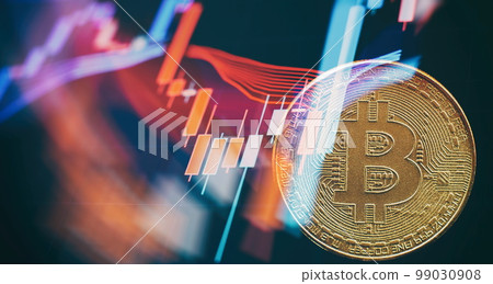 Virtual cryptocurrency concept. Bitcoin cryptocurrency with colorfull blurred candlestick chart in the background and reflection 99030908