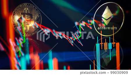 Virtual cryptocurrency concept. Bitcoin cryptocurrency with colorfull blurred candlestick chart in the background and reflection 99030909