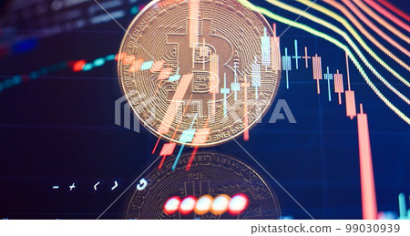 Chart shows a strong increase in the price of bitcoin. Investing in virtual assets. Investment platform with charts and bitcoin coin. Chart shows a strong increase in the price of bitcoin. Investing in virtual assets. Investment platform with charts and bitcoin coin. 99030939
