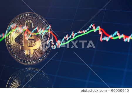 Chart shows a strong increase in the price of bitcoin. Investing in virtual assets. Investment platform with charts and bitcoin coin. Chart shows a strong increase in the price of bitcoin. Investing in virtual assets. Investment platform with charts and bitcoin coin. 99030940