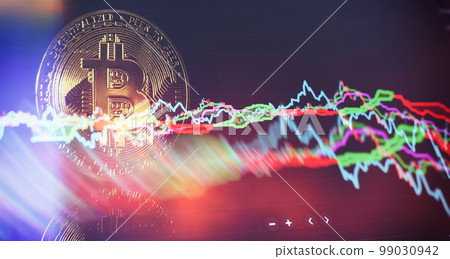 Chart shows a strong increase in the price of bitcoin. Investing in virtual assets. Investment platform with charts and bitcoin coin. 99030942