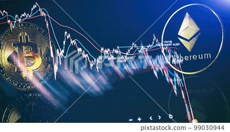 Chart shows a strong increase in the price of bitcoin. Investing in virtual assets. Investment platform with charts and bitcoin coin. Chart shows a strong increase in the price of bitcoin. Investing in virtual assets. Investment platform with charts and bitcoin coin. 99030944