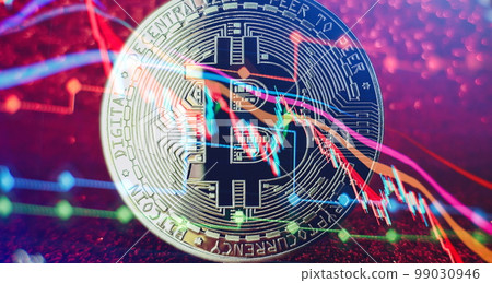 Chart shows a strong increase in the price of bitcoin. Investing in virtual assets. Investment platform with charts and bitcoin coin. 99030946