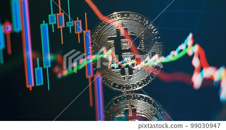 Chart shows a strong increase in the price of bitcoin. Investing in virtual assets. Investment platform with charts and bitcoin coin. 99030947