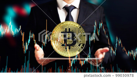 Cryptocurrency and investment. Businessman using tablet to connected on global network and gold bitcoin coin and growth of business graph, Financial, Stock market, Cryptocurrency and investment. Businessman using tablet to connected on global network and gold bitcoin coin and growth of business graph, Financial, Stock market, 99030978