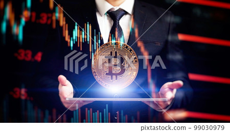 Cryptocurrency and investment. Businessman using tablet to connected on global network and gold bitcoin coin and growth of business graph, Financial, Stock market, Cryptocurrency and investment. Businessman using tablet to connected on global network and gold bitcoin coin and growth of business graph, Financial, Stock market, 99030979