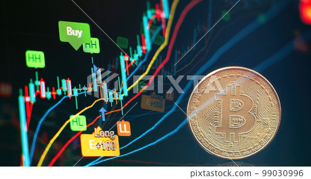 Bitcoins and New Virtual money. Bitcoin mining. Finance management concept. Money trading. Digital trade. Profit and loss graph. Crypto buy and sell. 99030996
