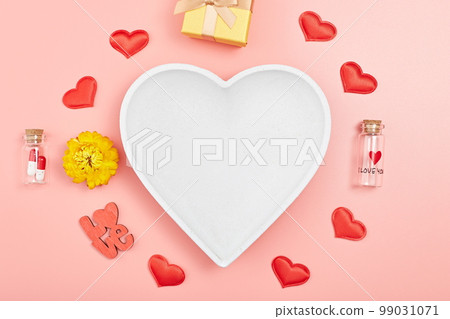Happy Valentine's Day, Mother's Day, March 8, World Women's Day holiday card concept. Valentines day concept. Flat lay, top view, copy space 99031071