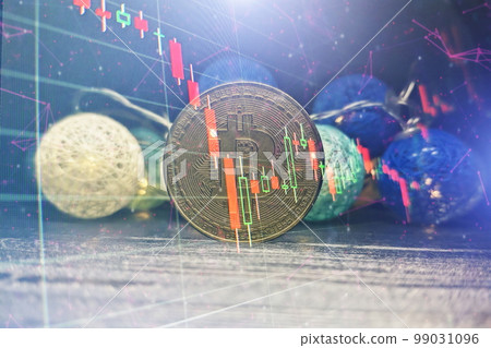 Technical graph of Bitcoin in futuristic concept . Golden bitcoins standing on circuit board, cryptocurrency concept. 99031096
