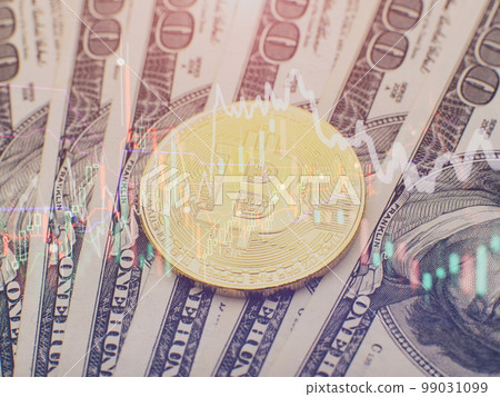 Technical graph of Bitcoin in futuristic concept . Golden bitcoins standing on circuit board, cryptocurrency concept. Technical graph of Bitcoin in futuristic concept . Golden bitcoins standing on circuit board, cryptocurrency concept. 99031099