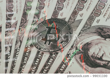 Chart shows a strong increase in the price of bitcoin. Investing in virtual assets. Investment platform with charts and bitcoin coin. Chart shows a strong increase in the price of bitcoin. Investing in virtual assets. Investment platform with charts and bitcoin coin. 99031100