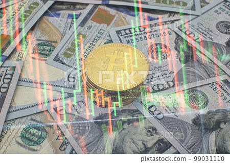Chart shows a strong increase in the price of bitcoin. Investing in virtual assets. Investment platform with charts and bitcoin coin. Chart shows a strong increase in the price of bitcoin. Investing in virtual assets. Investment platform with charts and bitcoin coin. 99031110