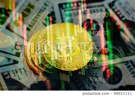 Chart shows a strong increase in the price of bitcoin. Investing in virtual assets. Investment platform with charts and bitcoin coin. Chart shows a strong increase in the price of bitcoin. Investing in virtual assets. Investment platform with charts and bitcoin coin. 99031111