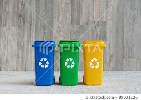 Blue, green and yellow container for separate garbage collection, waste recycling concept 99031120