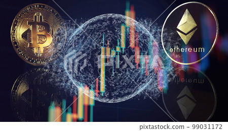Gold bitcoins with Candle stick graph chart and digital background.Golden coin with icon letter B.Mining or blockchain technology Gold bitcoins with Candle stick graph chart and digital background.Golden coin with icon letter B.Mining or blockchain technology 99031172