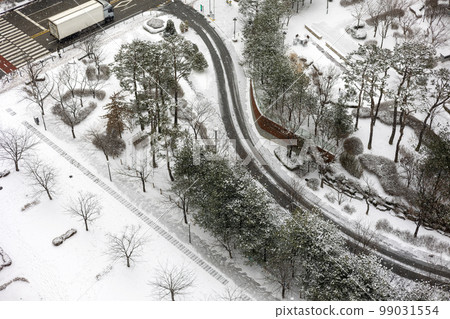 冬天下大雪時,從上面看一座城市的公寓大樓 冬天下大雪時,從上面看一座城市的公寓大樓 99031554