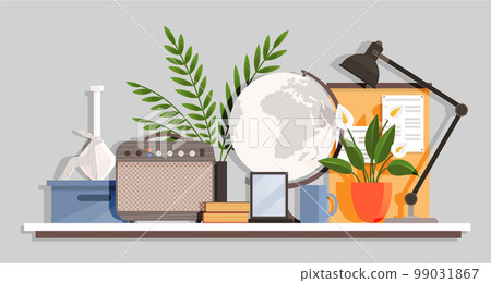 Wooden shelf with decor items. Cartoon design style bookshelf with different interior things Wooden shelf with decor items. Cartoon design style bookshelf with different interior things 99031867