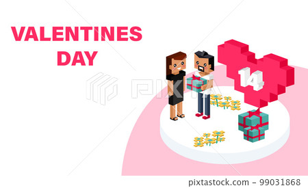 Red pixel heart flower with sweet couple. Love isometric concept. Valentines day Red pixel heart flower with sweet couple. Love isometric concept. Valentines day 99031868
