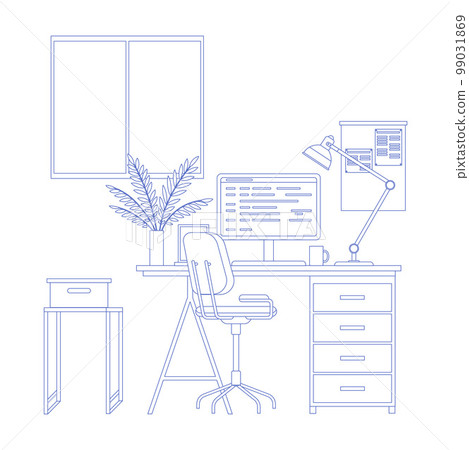 Modern home office interior line art. Remote workplace with desk, chair, computer and potted plants Modern home office interior line art. Remote workplace with desk, chair, computer and potted plants 99031869
