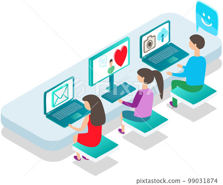 Social media application, people using mobile gadgets such as laptop, tablet pc for networking Social media application, people using mobile gadgets such as laptop, tablet pc for networking 99031874