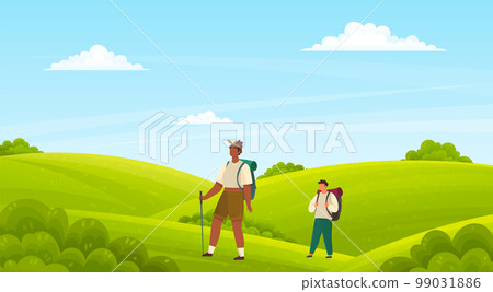 Couple travelers with backpacks and hiking stick walking. Outdoor travelling and nature camping 99031886