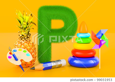 Fluffy letter P with pencil, pinwheel, pyramid toy, paintbrush, pineapple, 3D rendering 99031953