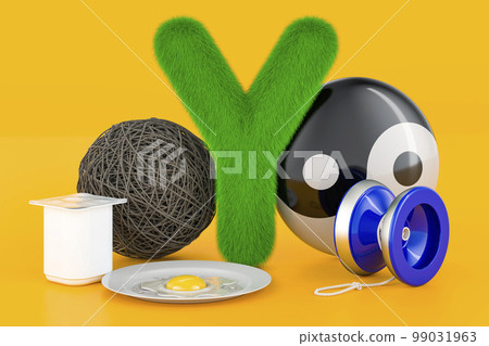 Fluffy letter Y with yo-yo, yogurt, yarn, yolk, yin yang. Kids ABC, 3D rendering Fluffy letter Y with yo-yo, yogurt, yarn, yolk, yin yang. Kids ABC, 3D rendering 99031963