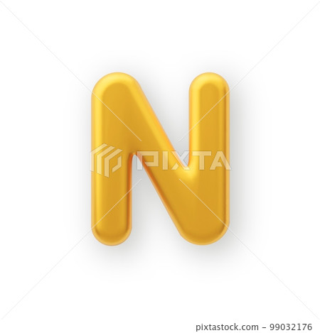 3D Gold uppercase letter N on a white background. 99032176