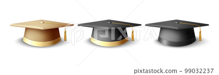 Vector 3d Realistic Graduate College, High School, University Cap Set Isolated. Vector Golden and Black Degree Ceremony Hats. Educational Student Symbol, Hat Icon Vector 3d Realistic Graduate College, High School, University Cap Set Isolated. Vector Golden and Black Degree Ceremony Hats. Educational Student Symbol, Hat Icon 99032237