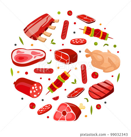 Fresh Natural Meat Product from Butchery Arranged in Circle Vector Template Fresh Natural Meat Product from Butchery Arranged in Circle Vector Template 99032343