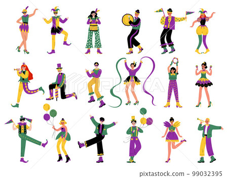 Mardi Gras with People Characters in Bright Costumes Celebrating Festive Holiday Vector Set 99032395