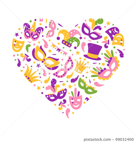 Bright Mardi Gras or Fat Tuesday Carnival Celebration with Mask and Feather Arranged in Heart Vector Template 99032400