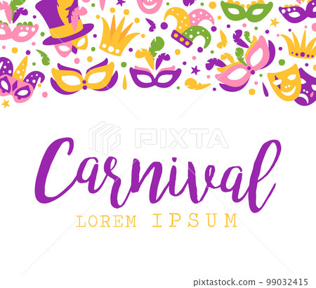 Bright Mardi Gras or Fat Tuesday Carnival Celebration with Mask and Feather Vector Card Template 99032415