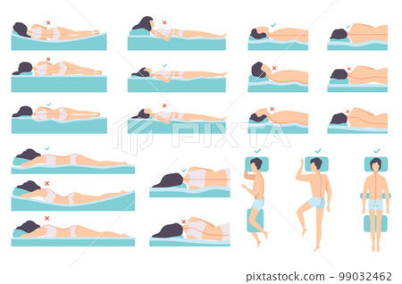 Correct and incorrect posture of spine during sleep set. Men and women sleeping in different poses cartoon vector 99032462