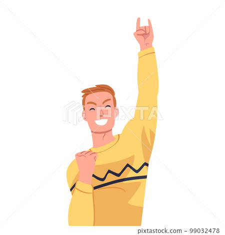 Lucky Man Celebrating Success and Victory Showing Horn Sign Gesture Feeling Excitement Vector Illustration Lucky Man Celebrating Success and Victory Showing Horn Sign Gesture Feeling Excitement Vector Illustration 99032478