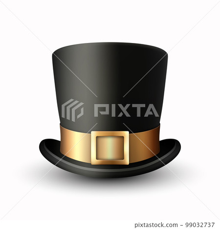 Vector 3d Realistic Black Top Hat with Golden Belt Closeup Isolated on White Background. Classic Retro Vintage Top Hat, Vintage Gentlemans Mens Hat, Front View Vector 3d Realistic Black Top Hat with Golden Belt Closeup Isolated on White Background. Classic Retro Vintage Top Hat, Vintage Gentlemans Mens Hat, Front View 99032737