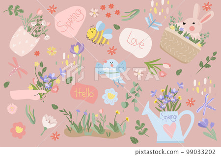 Spring composition with a cute rabbit, a bouquet of flowers vase, a bird, green leaves on the inscription spring. Bright compositions for posters, banners, cards, Easter, spring holidays. Vector. Spring composition with a cute rabbit, a bouquet of flowers vase, a bird, green leaves on the inscription spring. Bright compositions for posters, banners, cards, Easter, spring holidays. Vector. 99033202