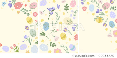 Easter greeting card with colorful, bright Easter eggs, spring flowers and leaves. Bright illustrations are ideal for banners, cards, posters, stickers. Vector illustration 99033220