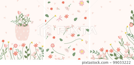 Combo of bright compositions with spring flowers in decorative vase, butterflies, green leaves. Postcards Spring flowering. Ideal for banners, cards, posters. Vector illustration 99033222