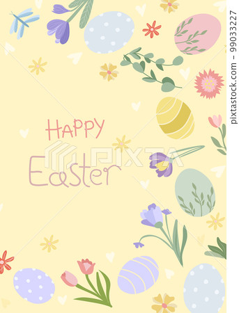Easter greeting card with colorful, bright Easter eggs, spring flowers and leaves. Bright illustrations are ideal for banners, cards, posters, stickers. Vector illustration Easter greeting card with colorful, bright Easter eggs, spring flowers and leaves. Bright illustrations are ideal for banners, cards, posters, stickers. Vector illustration 99033227