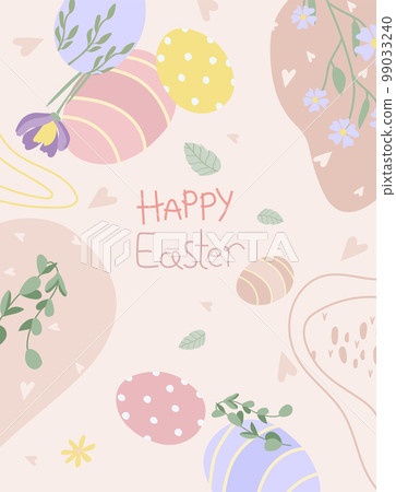 Postcards with colored Easter eggs, spring flowers and leaves in pastel colors. Ideal for banners, invitations, cards, posters, stickers. Vector illustration Postcards with colored Easter eggs, spring flowers and leaves in pastel colors. Ideal for banners, invitations, cards, posters, stickers. Vector illustration 99033240