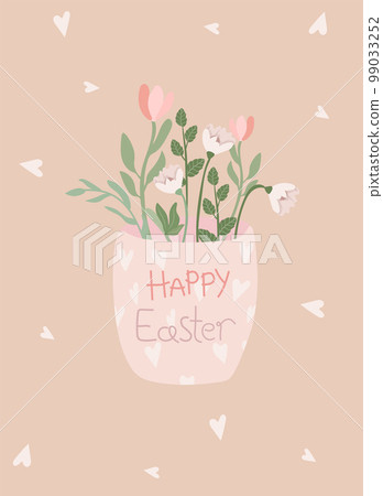 Blooming spring flowers and leaves in a decorative vase in pastel colors.Postcard Spring flowering. Ideal for banners, cards, posters, invitations. Vector illustration. Minimalist Vector illustration. 99033252