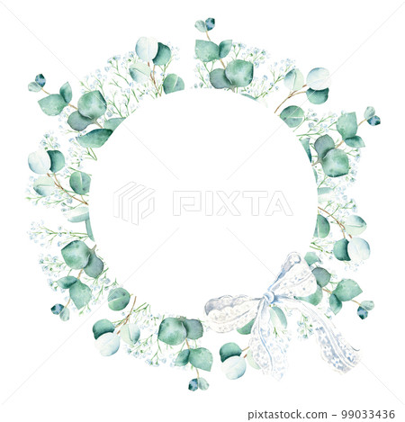 Eucalyptus and gypsophila branches with white lace bow. Watercolor circle frame isolated on white background. Hand drawn botanical illustration. Can be used for logo design, as invitation card for 99033436