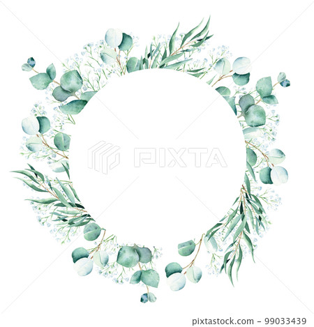 Eucalyptus and gypsophila branches. Watercolor circle frame isolated on white background. Hand drawn botanical illustration. Can be used for logo design, as invitation card for wedding, birthday Eucalyptus and gypsophila branches. Watercolor circle frame isolated on white background. Hand drawn botanical illustration. Can be used for logo design, as invitation card for wedding, birthday 99033439