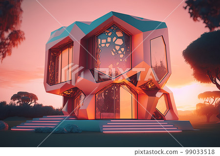Playful surreal architecture. Super modern extravagant house. Surreal modern villa. Futuristic luxury geometric architecture Playful surreal architecture. Super modern extravagant house. Surreal modern villa. Futuristic luxury geometric architecture 99033518