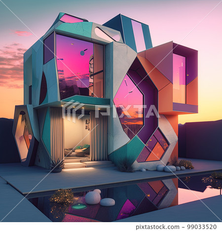 Playful surreal architecture. Super modern extravagant house. Surreal modern villa. Futuristic luxury geometric architecture Playful surreal architecture. Super modern extravagant house. Surreal modern villa. Futuristic luxury geometric architecture 99033520