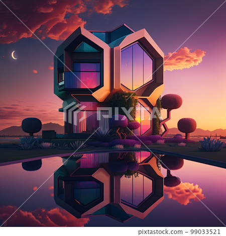 Playful surreal architecture. Super modern extravagant house. Surreal modern villa. Futuristic luxury geometric architecture Playful surreal architecture. Super modern extravagant house. Surreal modern villa. Futuristic luxury geometric architecture 99033521