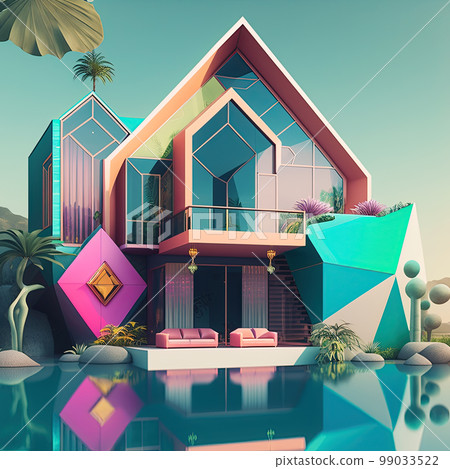 Playful surreal architecture. Super modern extravagant house. Surreal modern villa. Futuristic luxury geometric architecture Playful surreal architecture. Super modern extravagant house. Surreal modern villa. Futuristic luxury geometric architecture 99033522