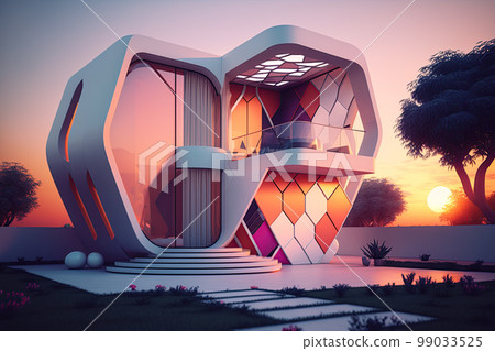 Playful surreal architecture. Super modern extravagant house. Surreal modern villa. Futuristic luxury geometric architecture Playful surreal architecture. Super modern extravagant house. Surreal modern villa. Futuristic luxury geometric architecture 99033525